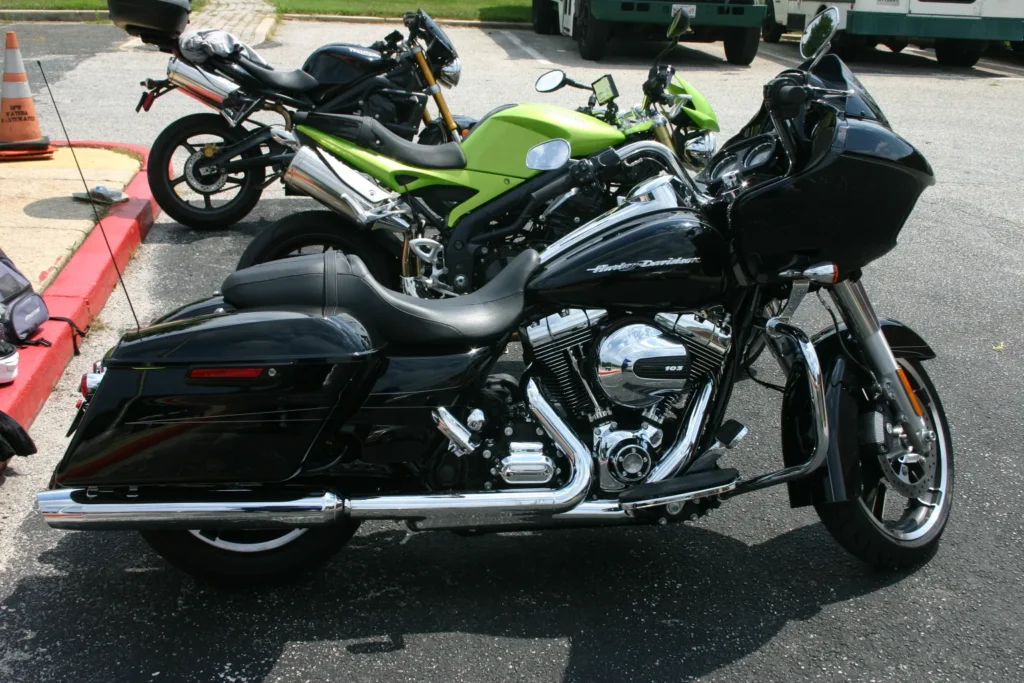 Training motorcycles parked, including a Harley-Davidson and sport bikes for rider safety courses.
